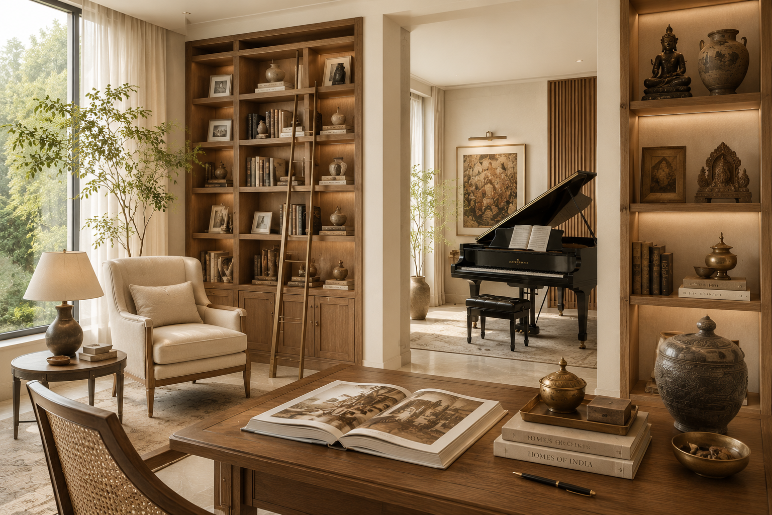 A bespoke Ivory House residence in Bhubaneswar — a personalised study with custom bookshelves, a grand piano, curated art, and warm natural light. Luxury residential interior design crafted for the way a family lives.
